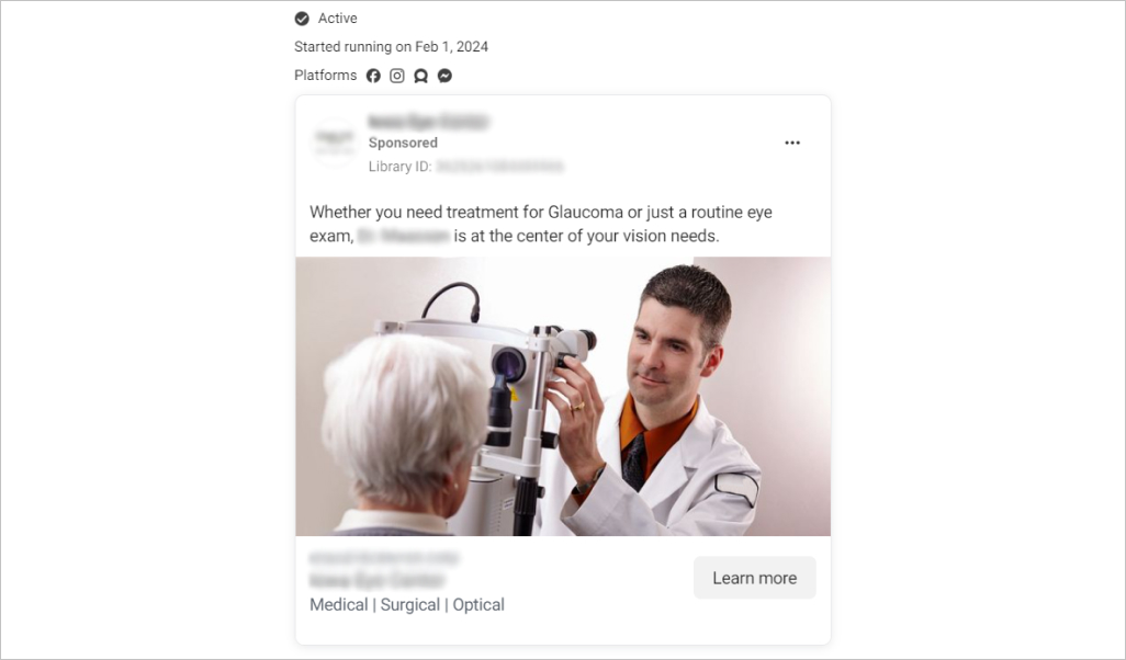 Ophthalmology service ad copy on Facebook