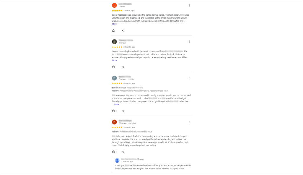 Testimonials from a pest control Google My Business profile