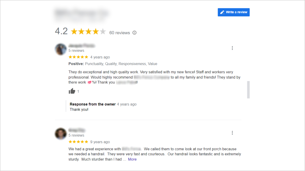 Reviews about fence installers on Google My Business