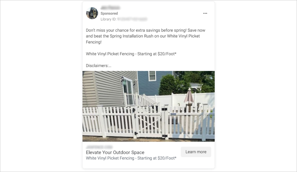 An ad copy of fencing installation services on Facebook