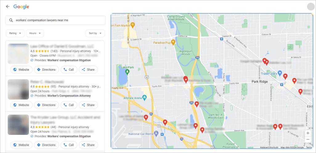 local search results screenshot with map, workers comp results